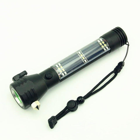 Multi-Function Solar Powered Flashlight USB Charge Safety Hammer with Cutter Buzzer Emergency Survival Tool for Outdoor